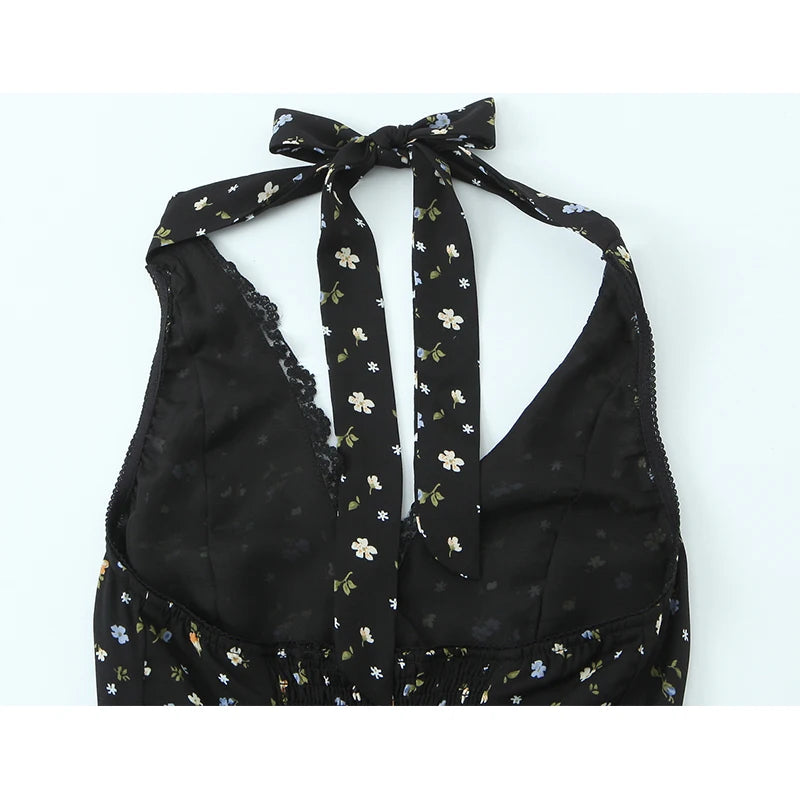 Black Floral Halter Sexy Backless Dress