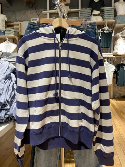 Striped Loose Zip Up Hoodie