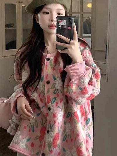 Model wearing the pink Floral Knit Buttoned Sweater