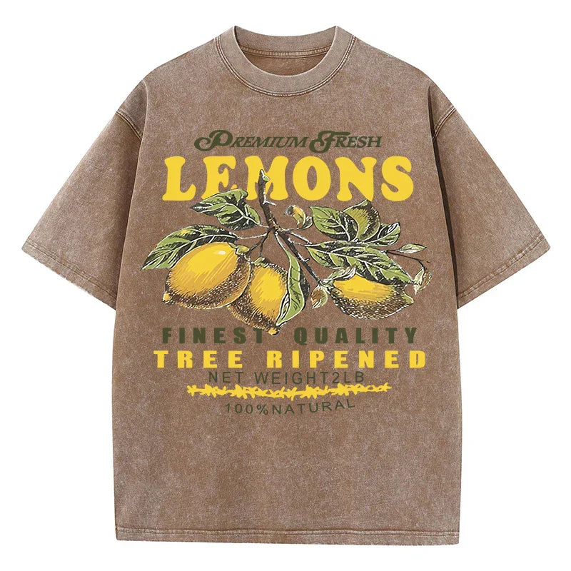 Fresh Lemon Fruit Print Washed T-Shirt