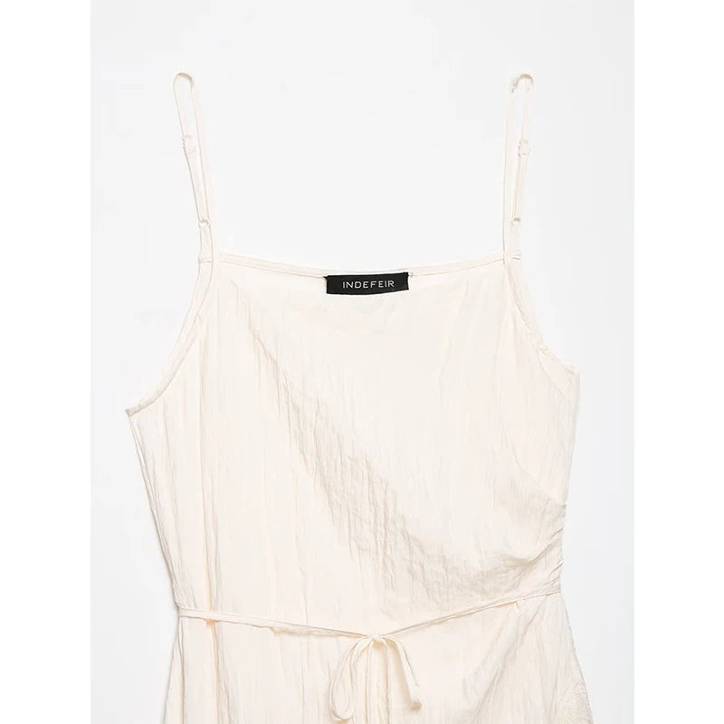 Beige Romantic Crinkled Wrap Slip Dress