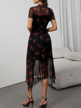 Dark Elegant Floral Print Mesh Maxi Dress
