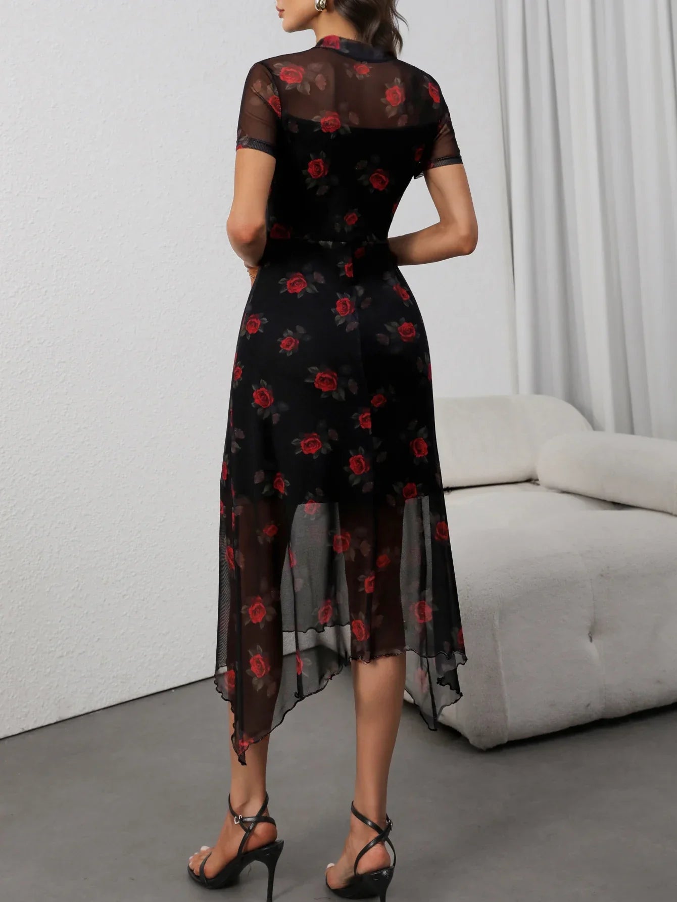 Dark Elegant Floral Print Mesh Maxi Dress