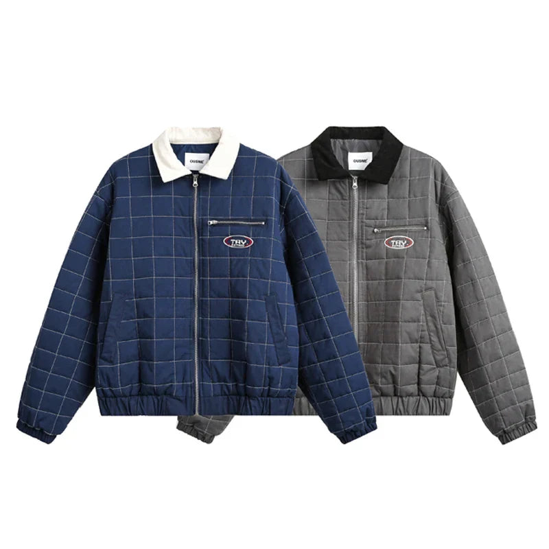 Turn-down Collar Thick Plaid Windbreaker Jacket
