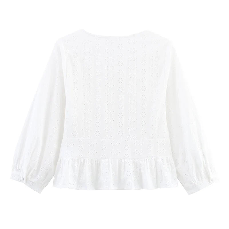 Openwork Embroidery Casual White Blouse