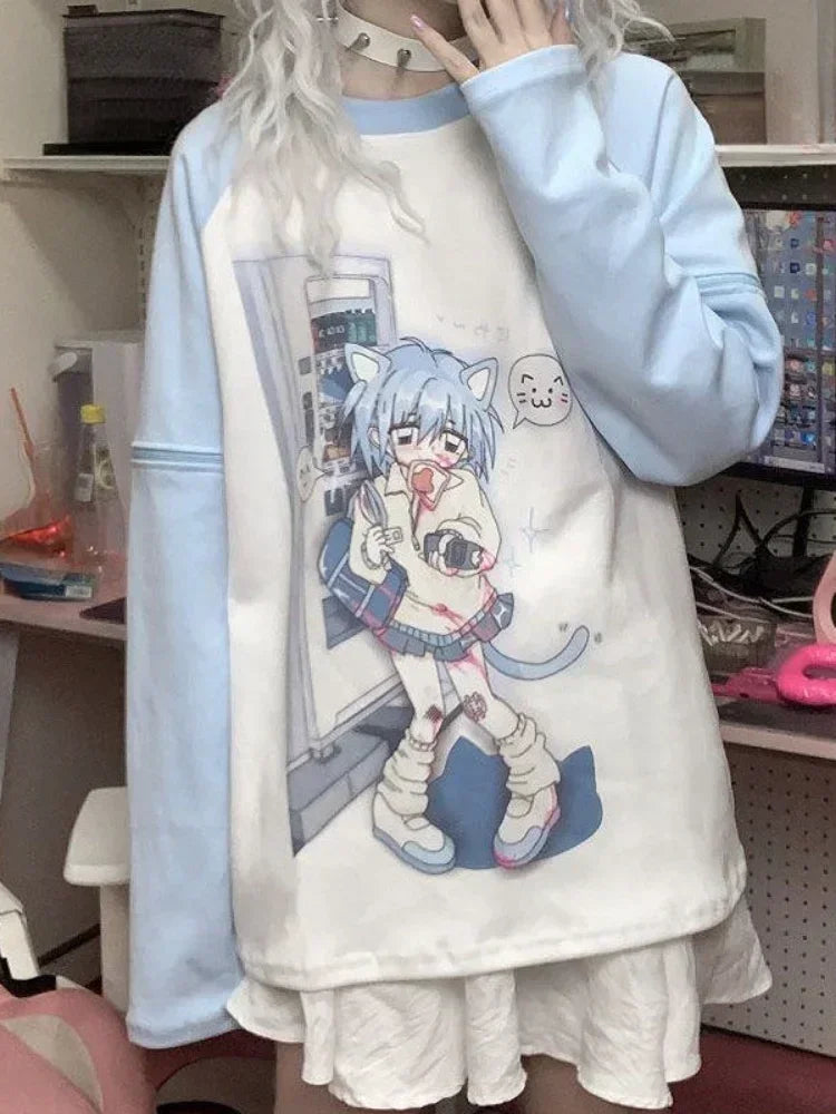 Long Sleeve Kawaii Cat Print T-Shirt