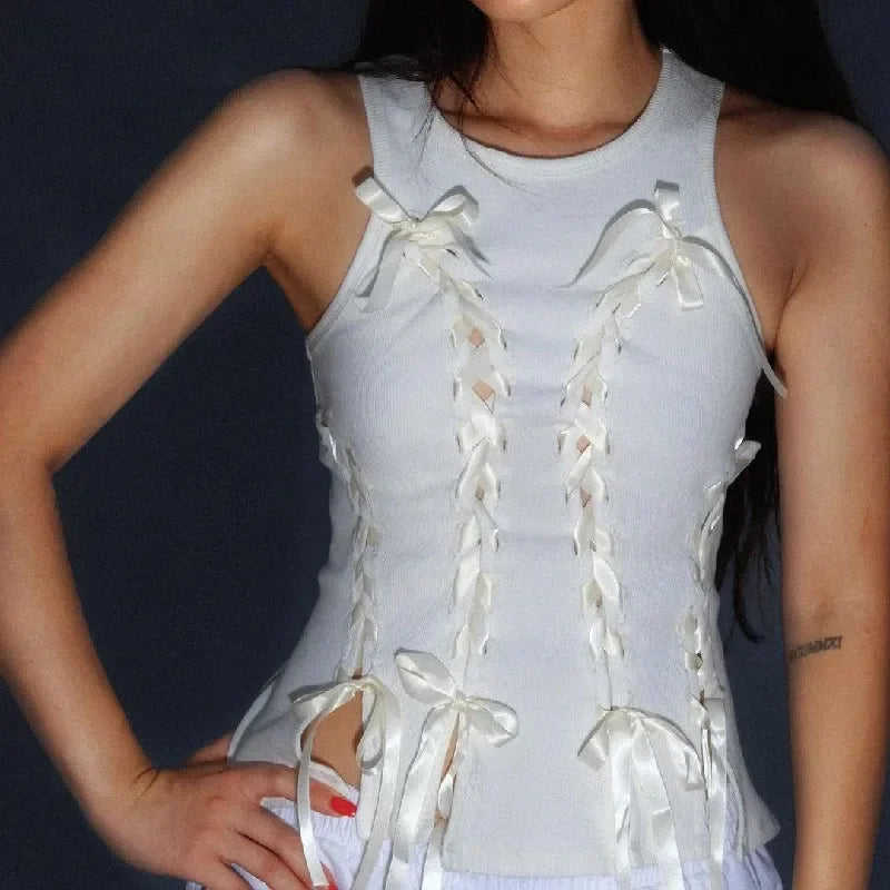 Coquette White Lace-Up Tank Top