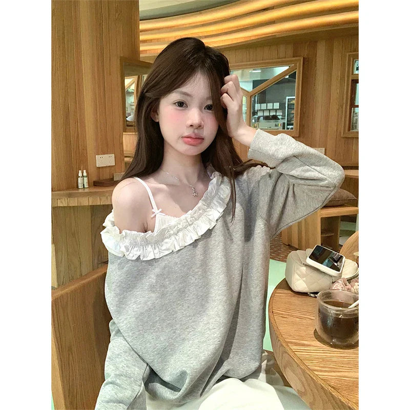 Grey Sexy Skew Collar Sweatshirts