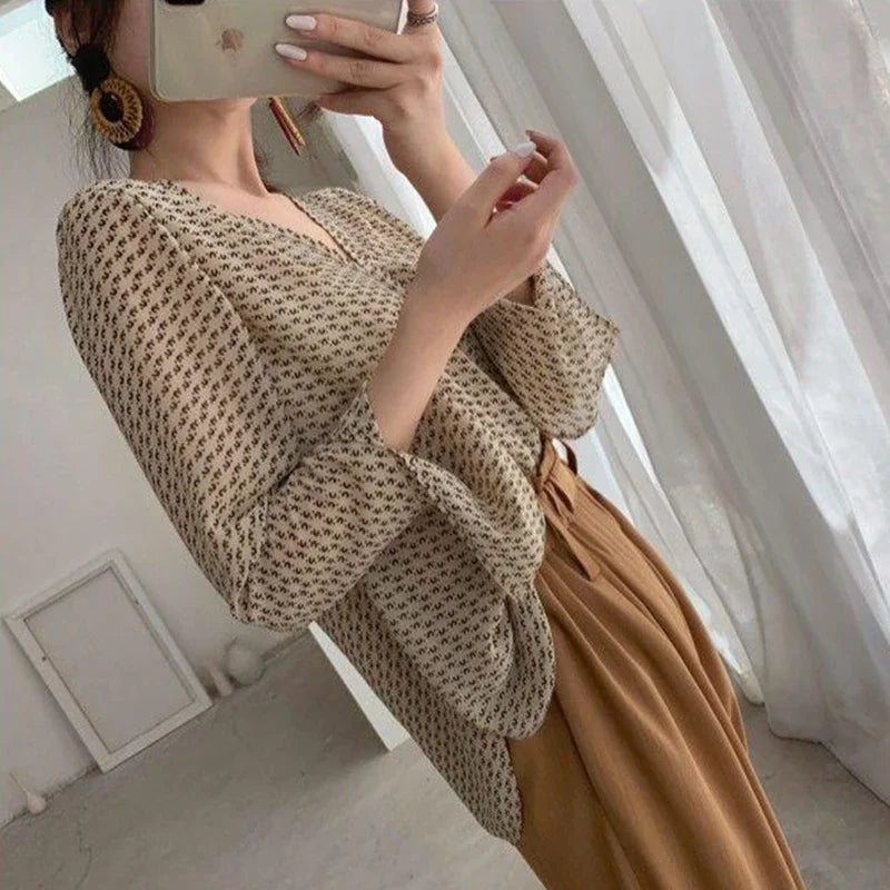 Elegant V-Neck Print Blouses Womens Shirt