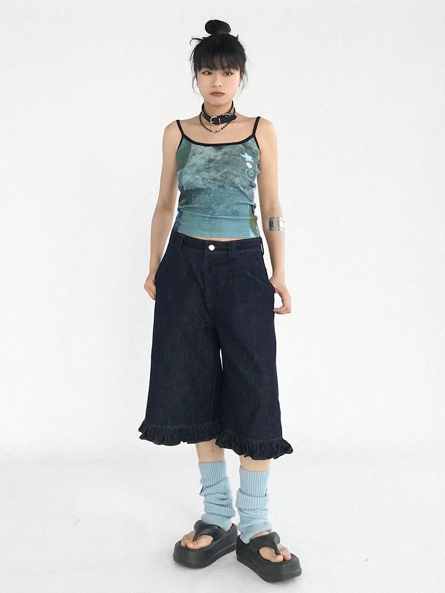 Jorts vaqueros azul oscuro con volantes