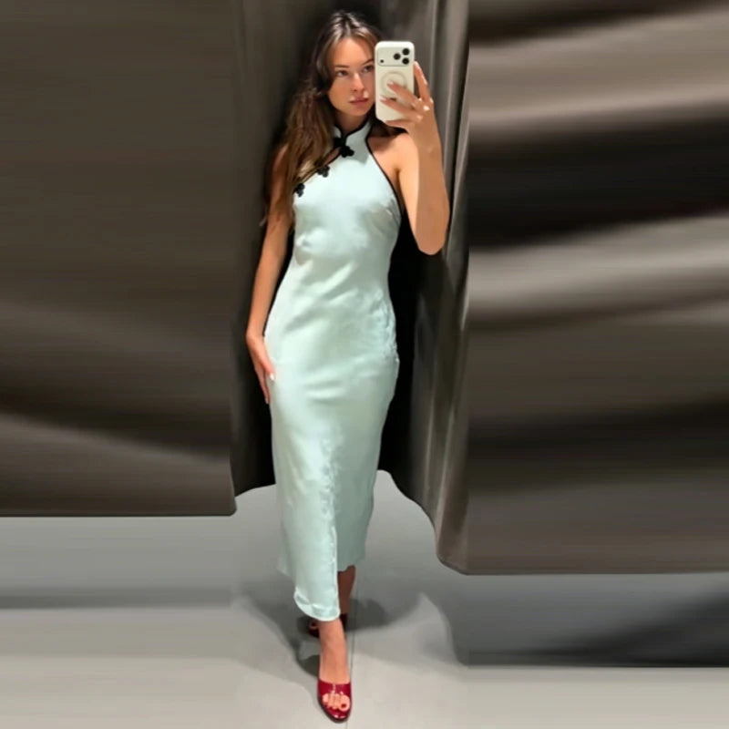 Halter Riviera Qipao Maxi Dress