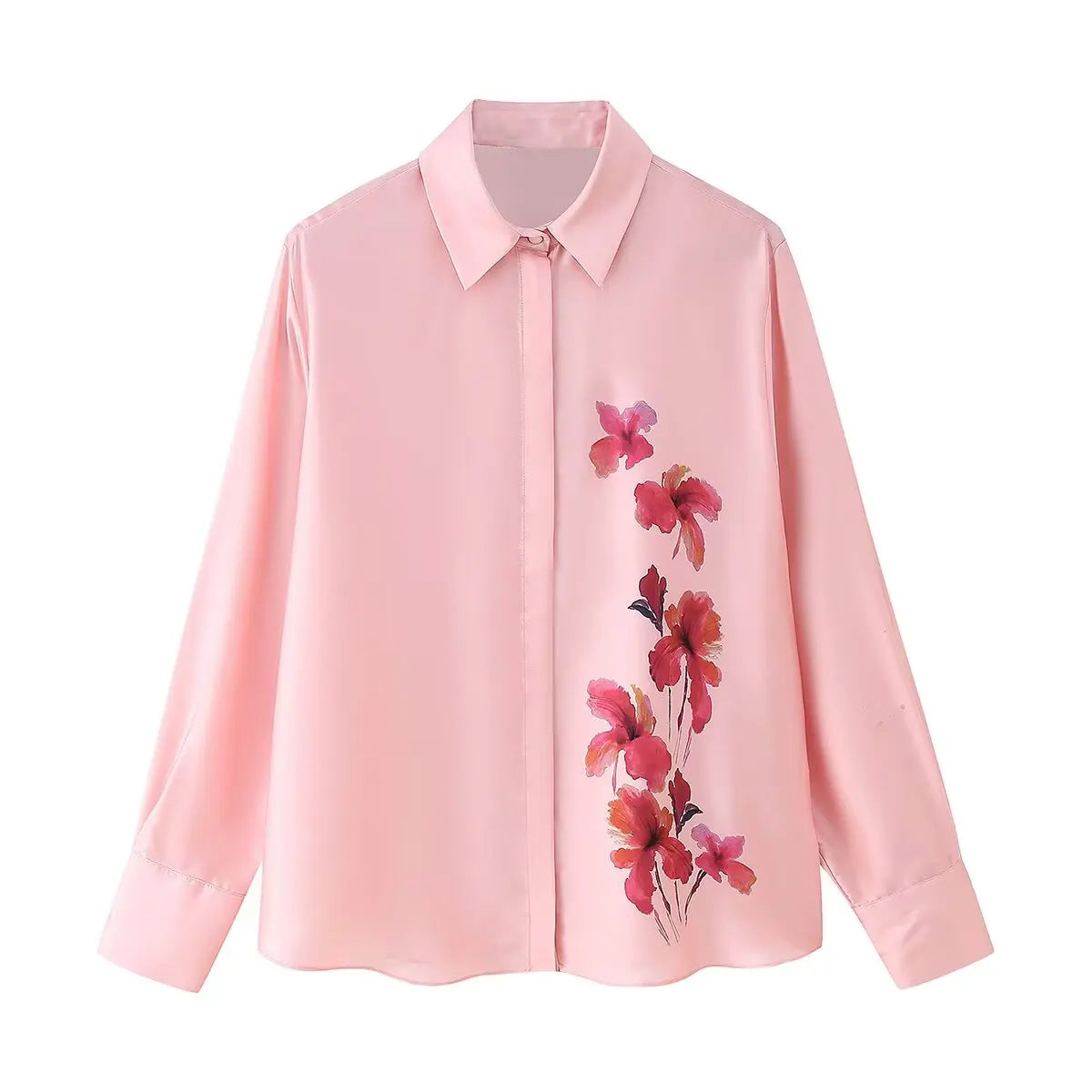 Floral Print Pink Satin Shirt