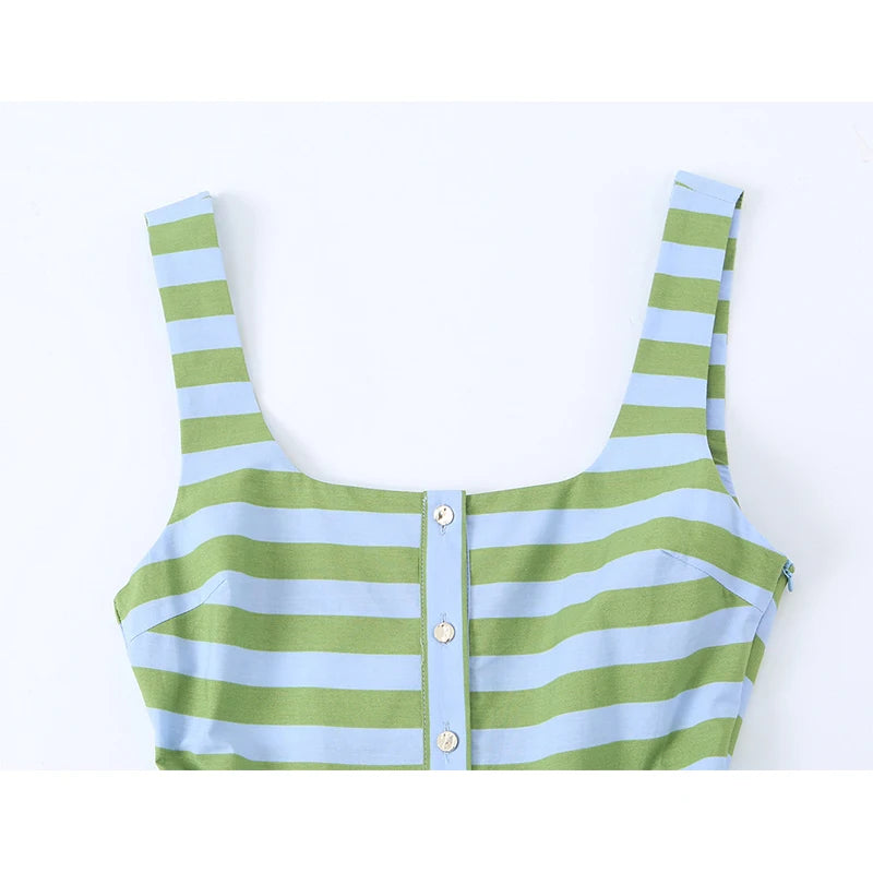 Casual Green Sleeveless Striped With Belted Midi Dress
