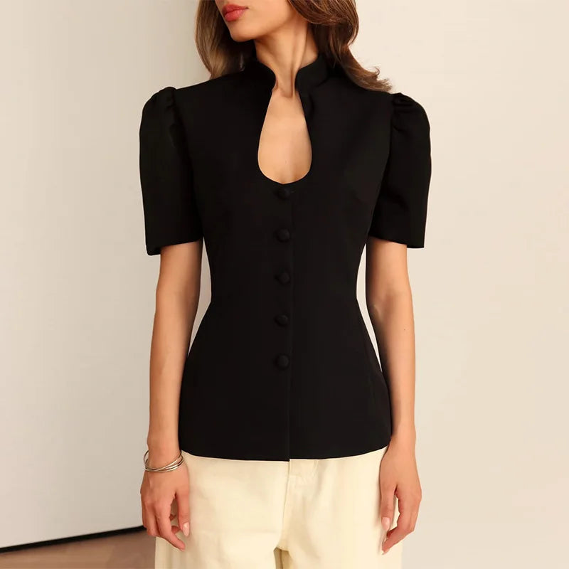 Solid Stand Collar Slim Blazer