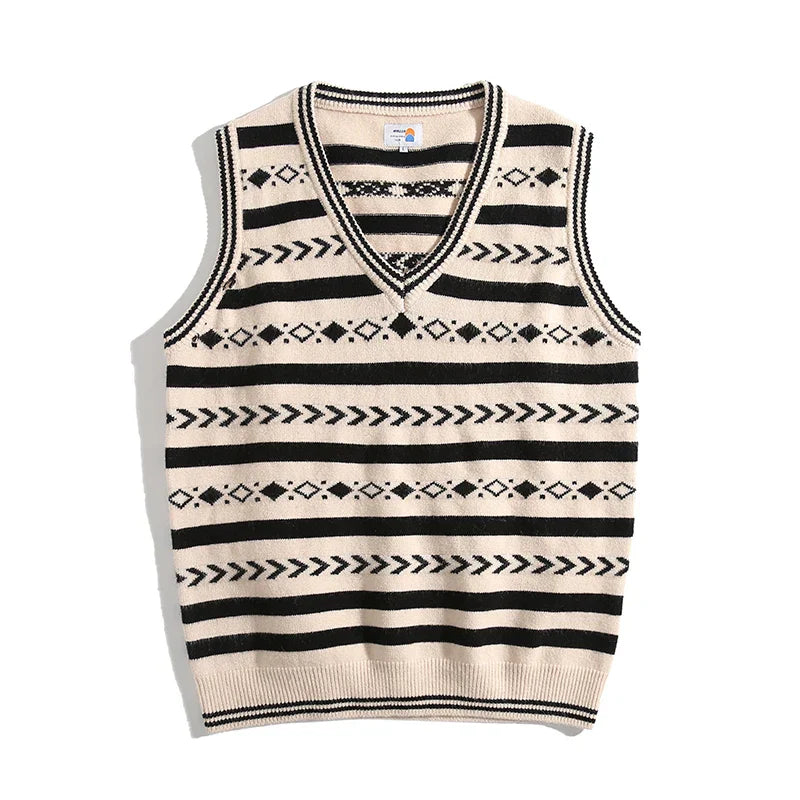 Suéter sin mangas vintage de punto jacquard con cuello en V