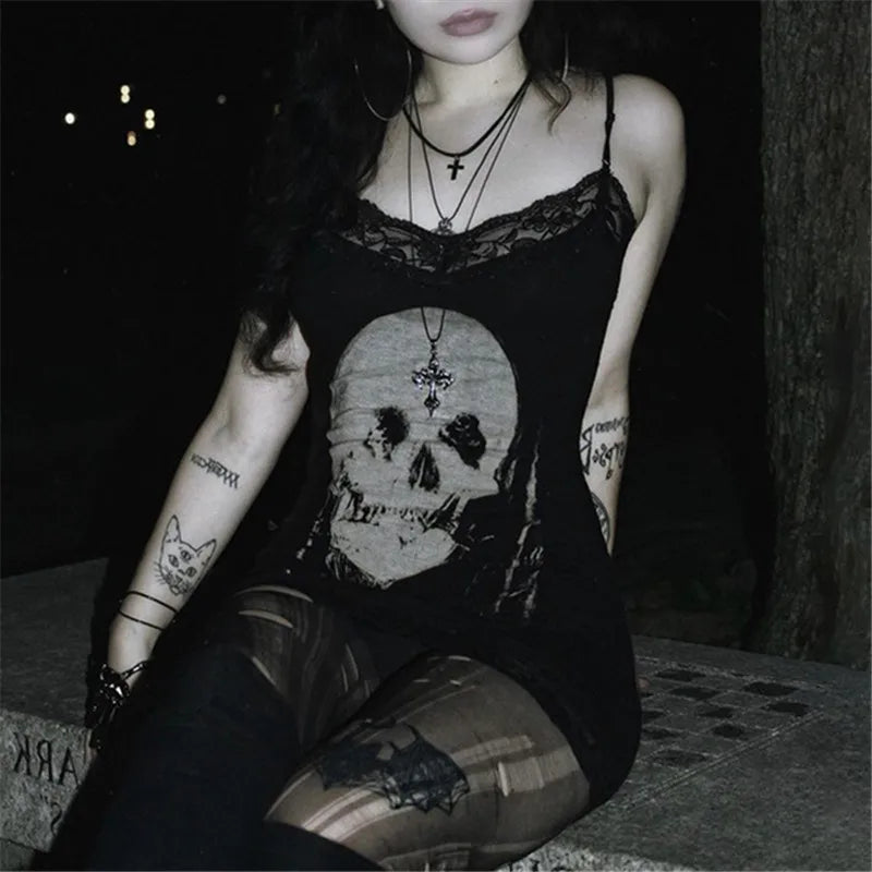 Gothic Skull Print Lace Mini Dress