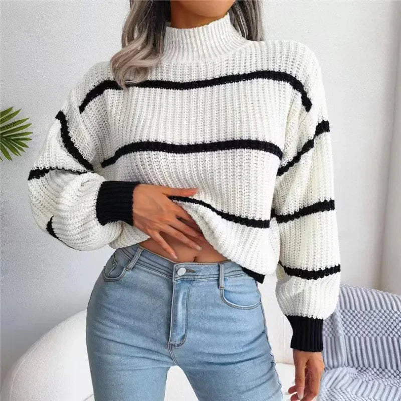 High Collar Pullover Knit Striped Sweater