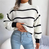 High Collar Pullover Knitted Striped Sweater