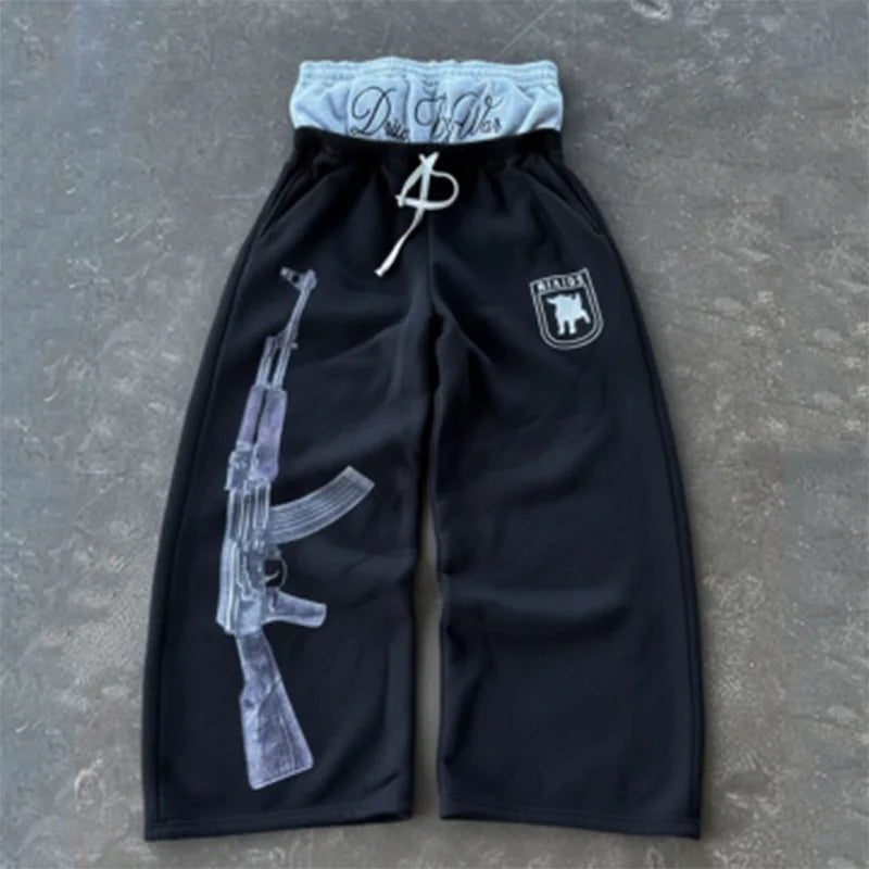 Double-waisted Print Wide Leg Pants