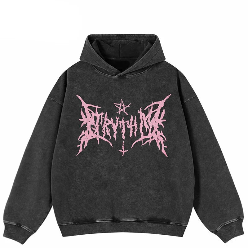 Y2K Retro Tribial Black Washed Hoodie
