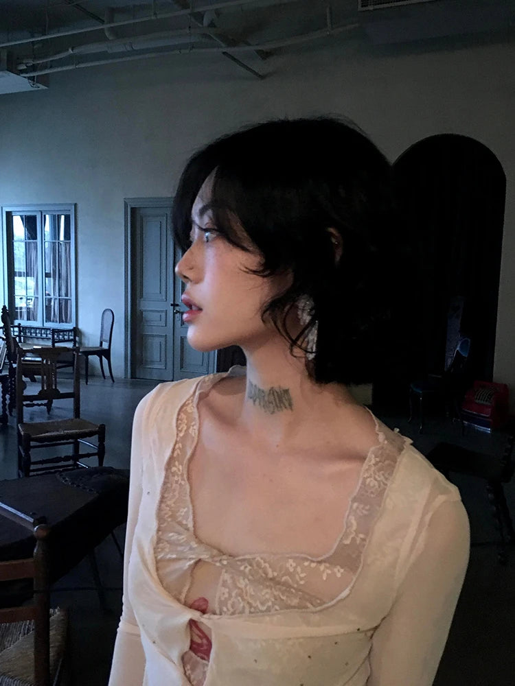 Front Tie Mesh Blouse