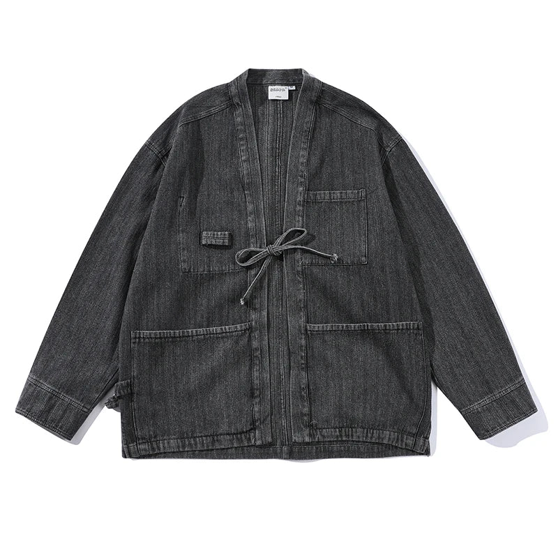 Drawstring Vintage Loose Fit Denim Kimono