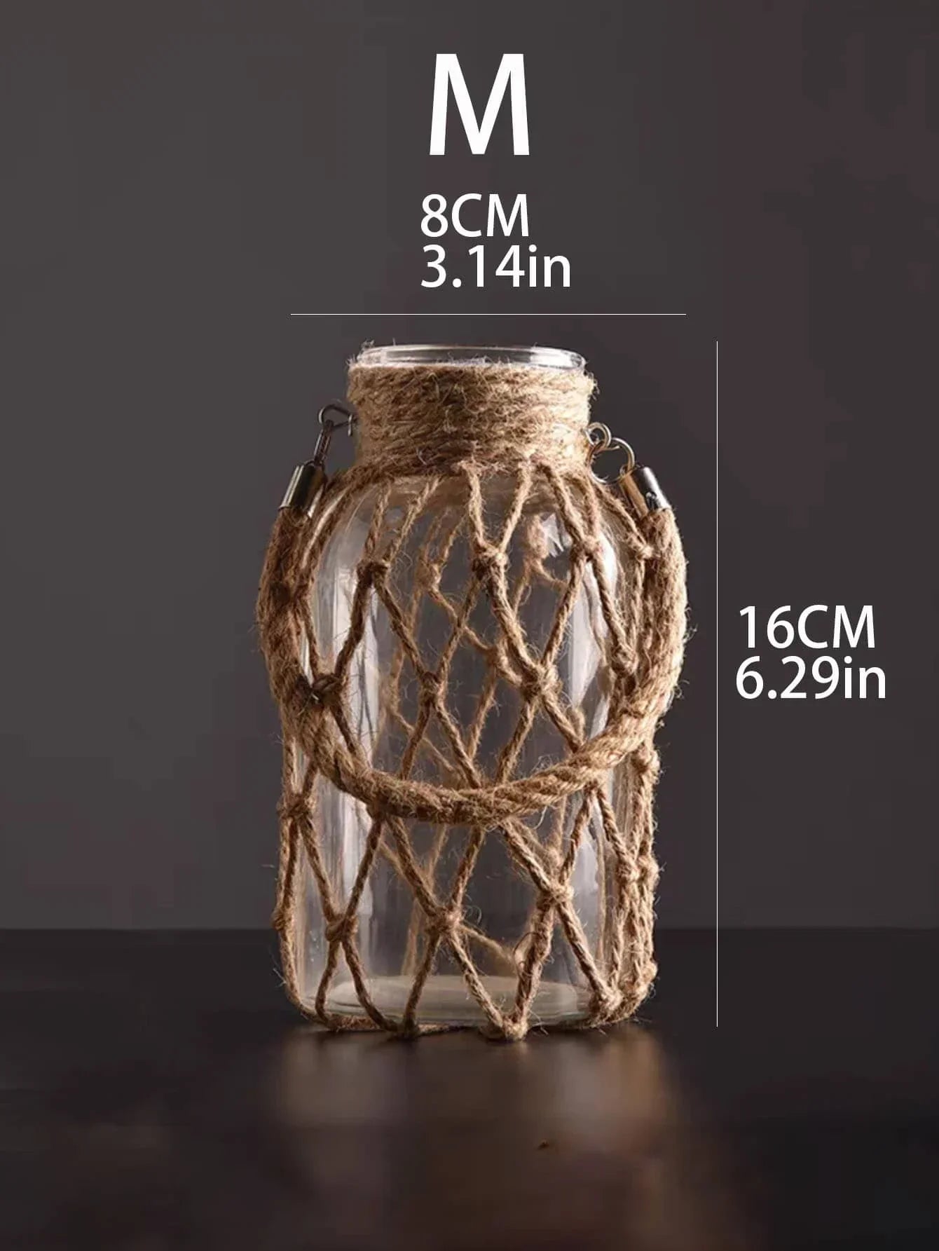 Jarrón de cristal con cuerda tejida a mano