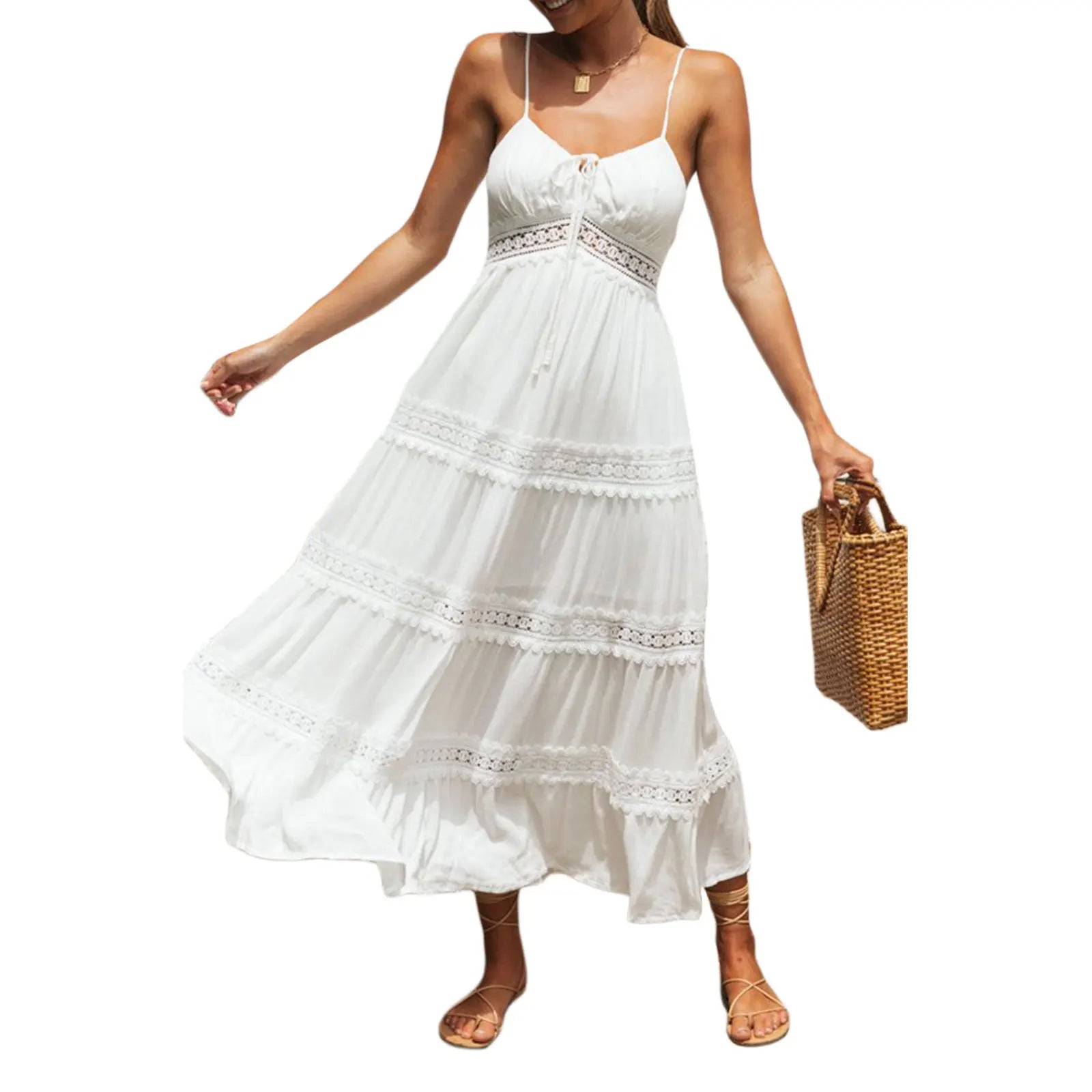 Women's Summer Beach White Boho Maxi Dress