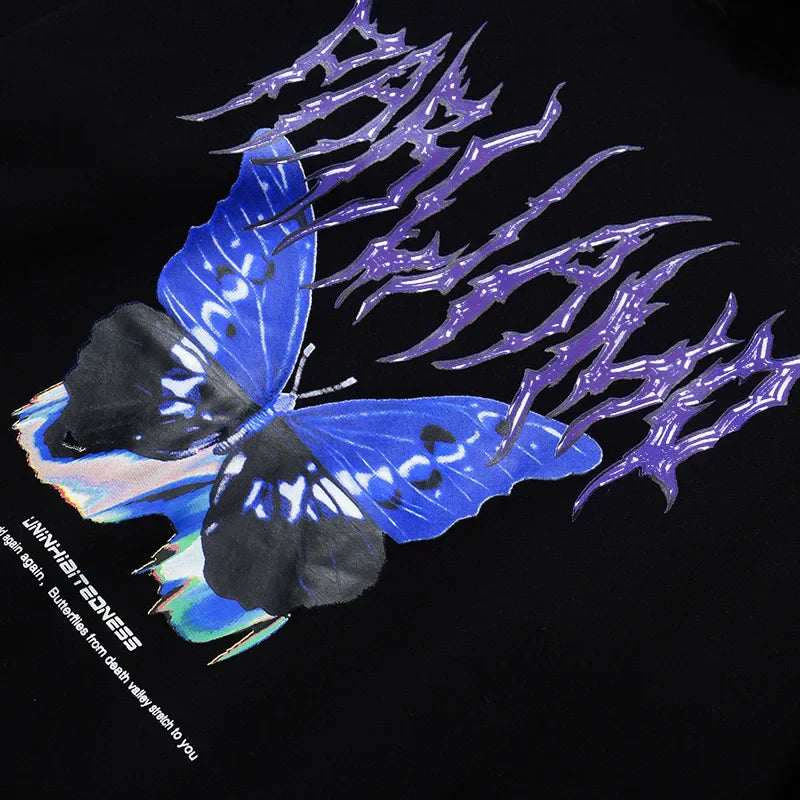 Sudadera con Capucha Oversize con Mariposa Negra Lavada