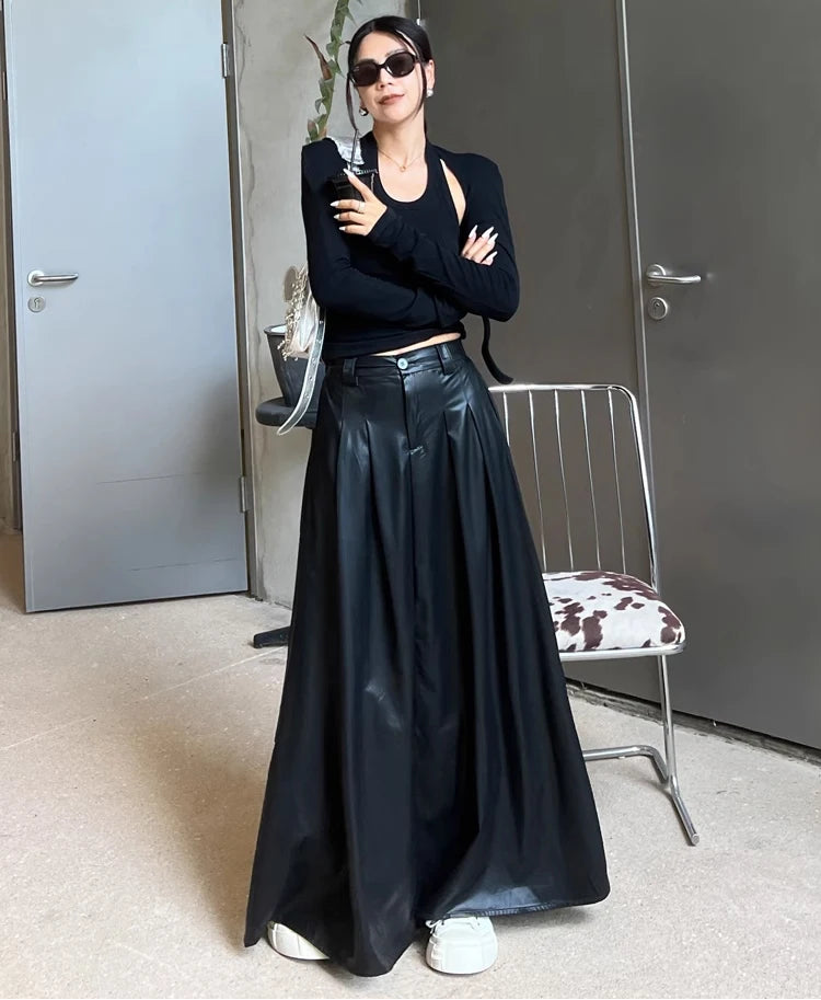 Luxury Long Pleated Black Leather Maxi Skirt