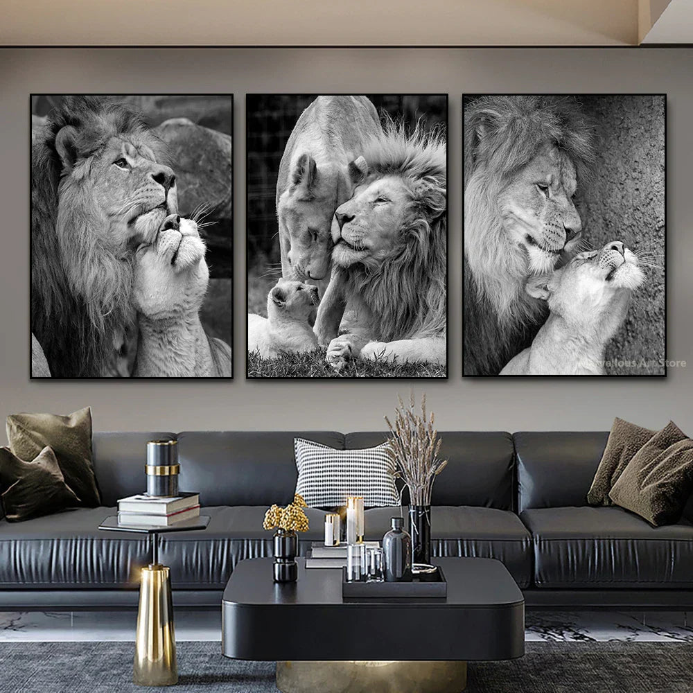 Black White Animals Baby Lion Family Poster