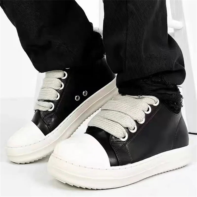 Black Leather Lace Up Casual Thick Bottom Sneakers