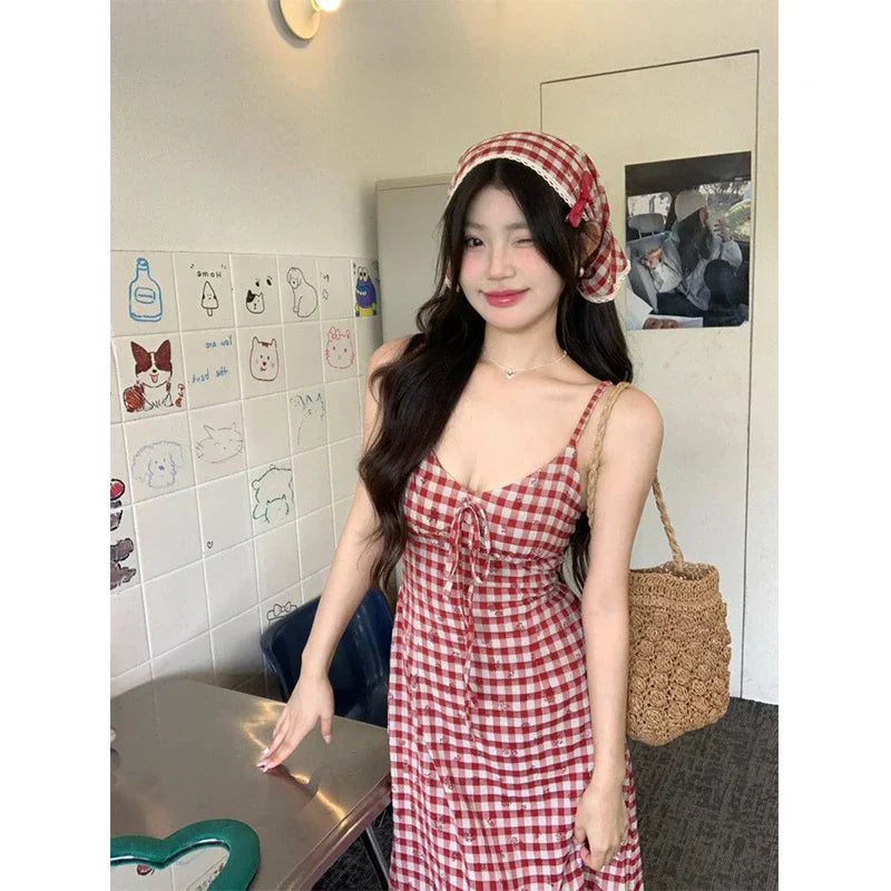 Red Plaid Maid Maxi Dress