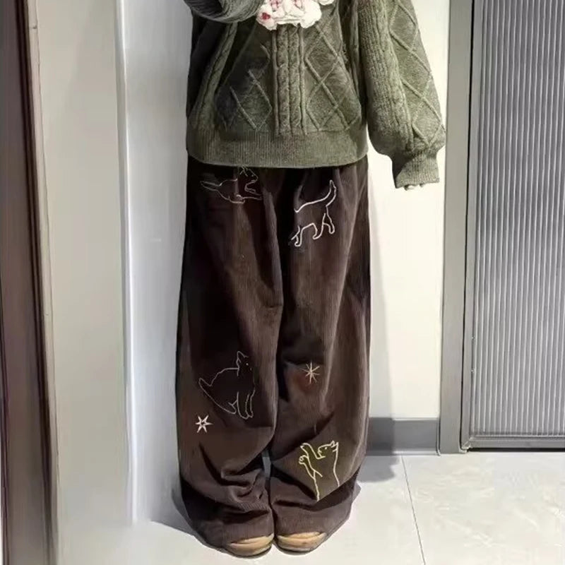 Indie Cartoon Cat Wide Leg Pants