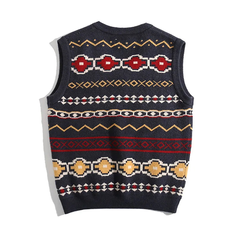 Suéter sin mangas vintage de punto jacquard con cuello en V