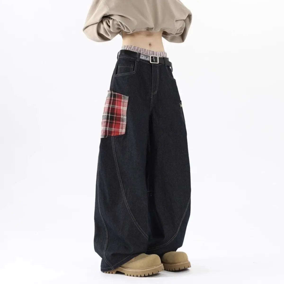 Patchwork Plaid Splicing Wide Leg Jeans