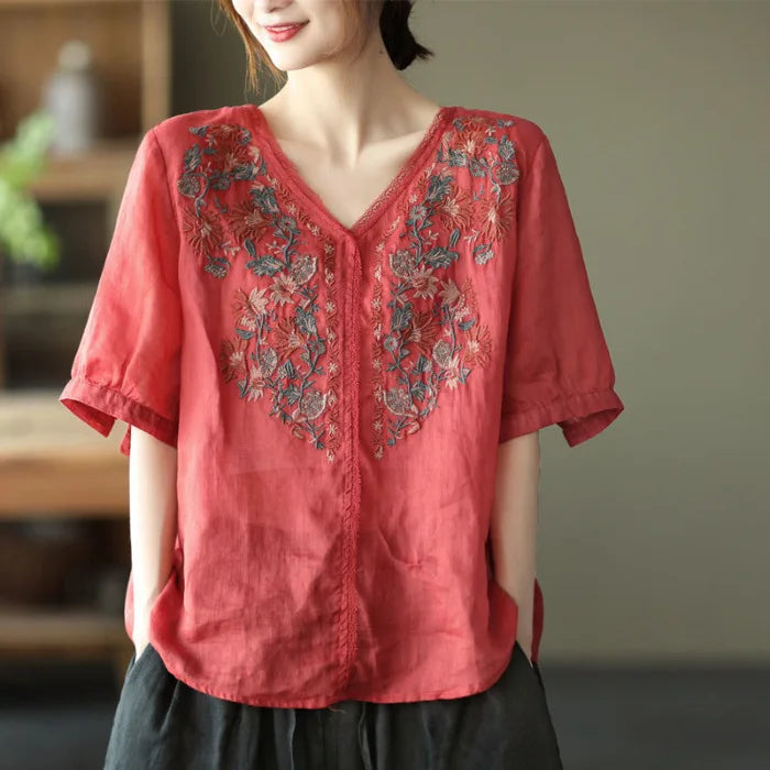 Vintage Embroidered V-Neck Floral T-Shirt