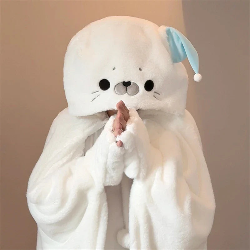 Cartoon Cute Seal Cat Hooded Blanket