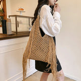 Hollow Out Knitted Tassel Shoulder Bag