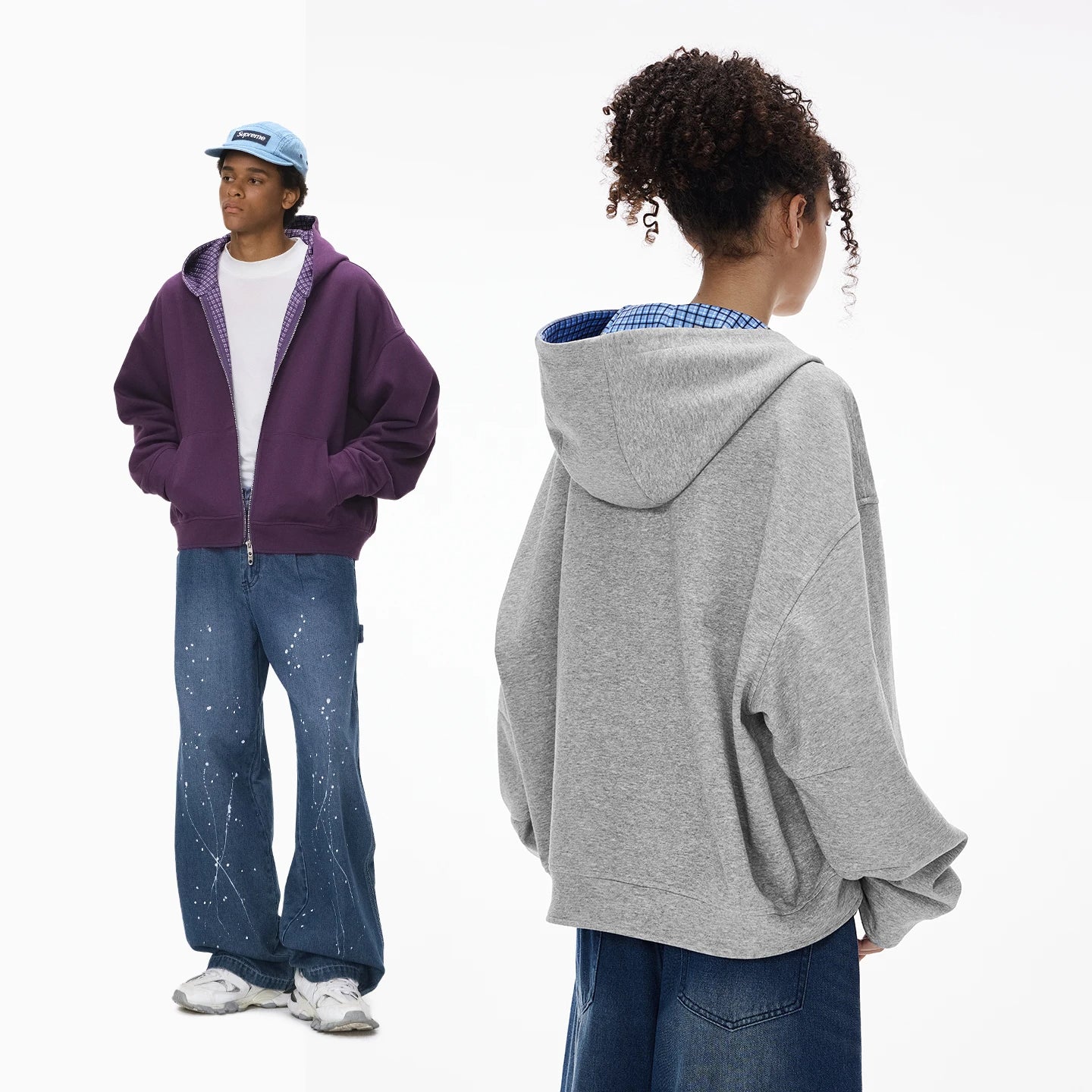 Reversible Inner Plaid Zip-up Hoodie