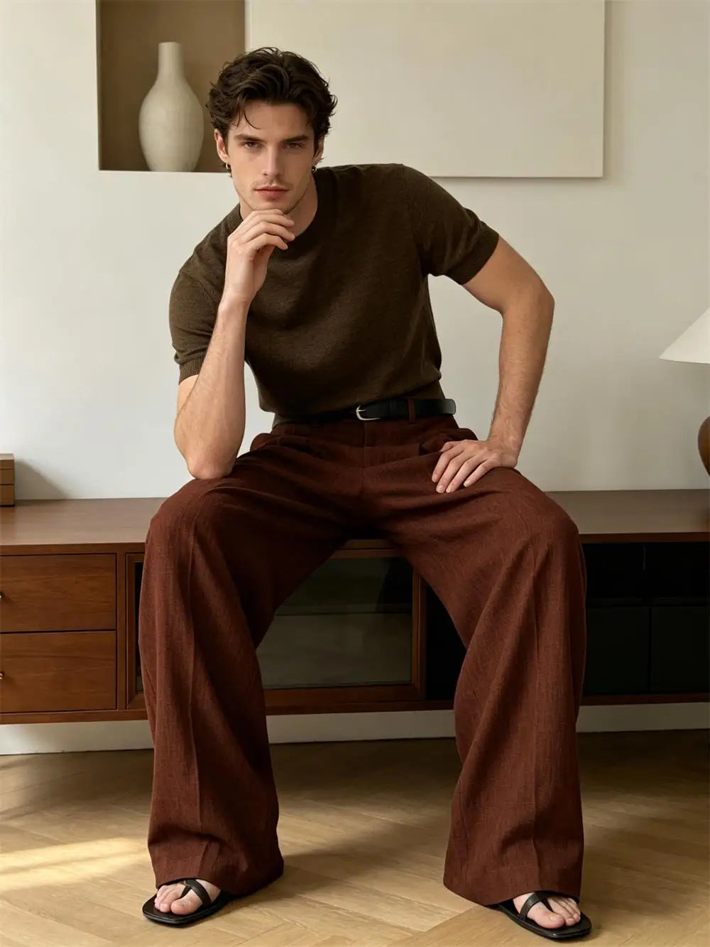 High Waist Pleated Linen Wide Leg Pants