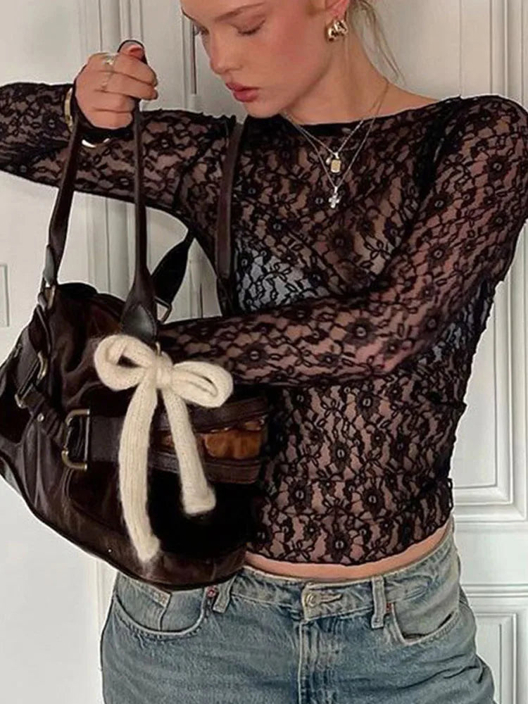 Long Sleeves See Through Crop Top