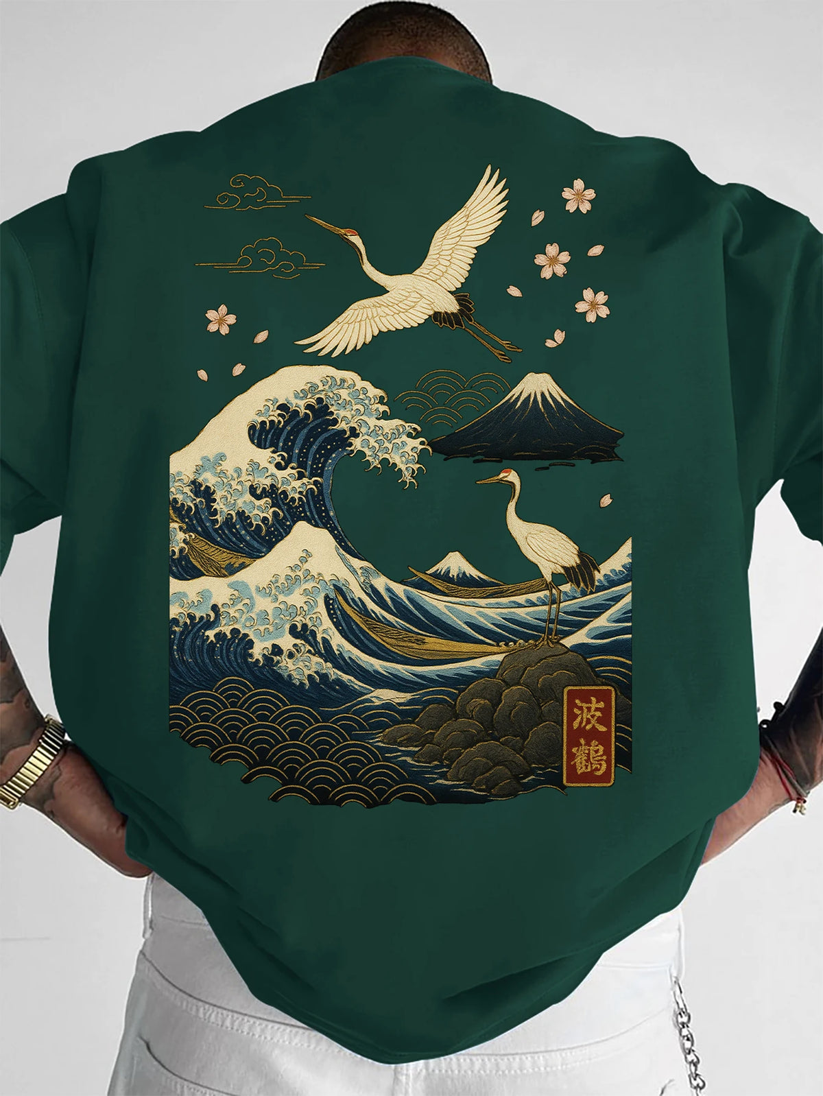 Cherry Blossom Crane Embroidery T-shirt