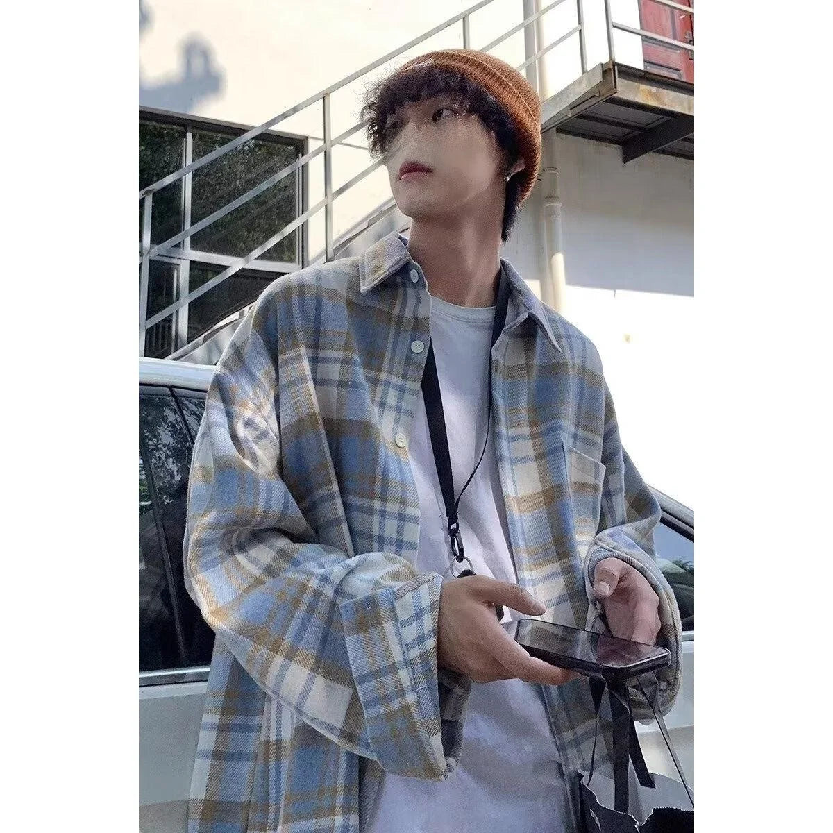 Y2K Plaid Flannel Men Shirt