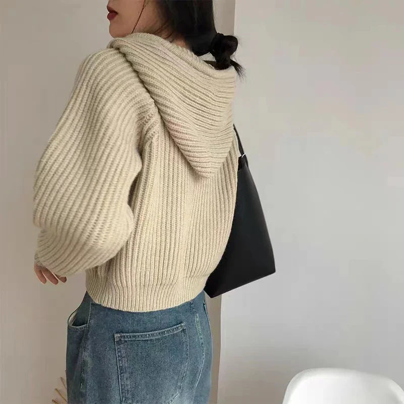 Pink Drawstring Hooded Knitting Sweater