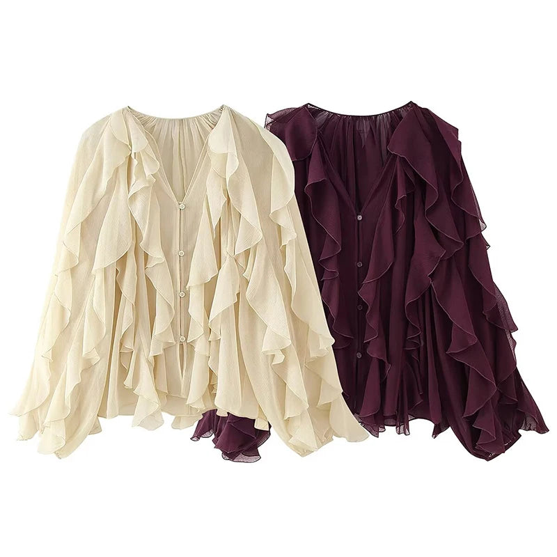 Sexy Semi-sheer Ruffle Women Shirt
