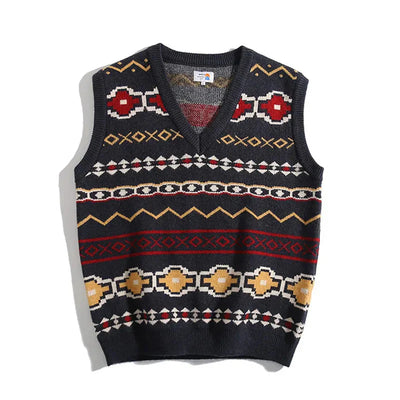 Vintage Jacquard V-Ausschnitt Pullover Ärmelloser Sweater