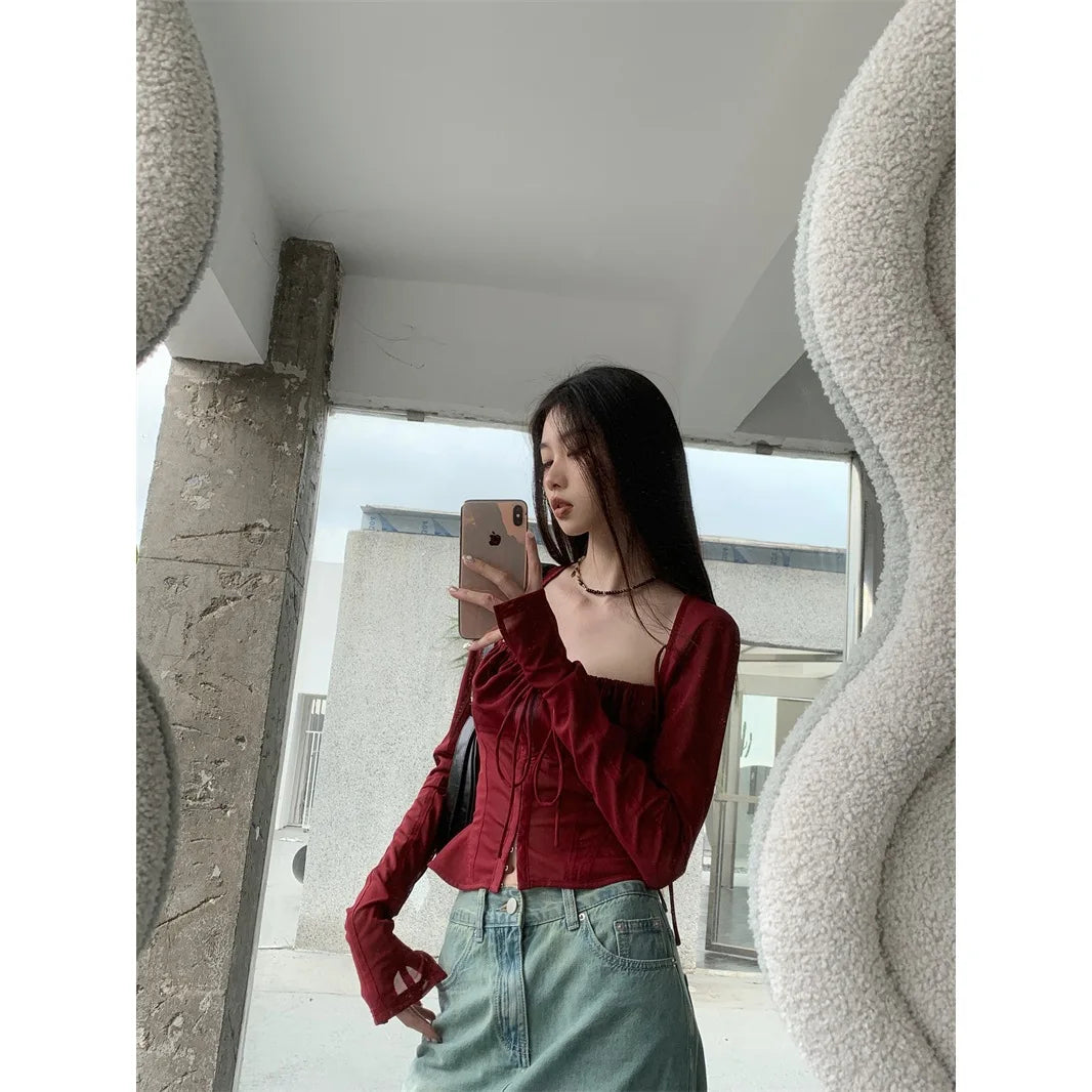 Red Wine Sqaure Neck Mesh Long Sleeve Top