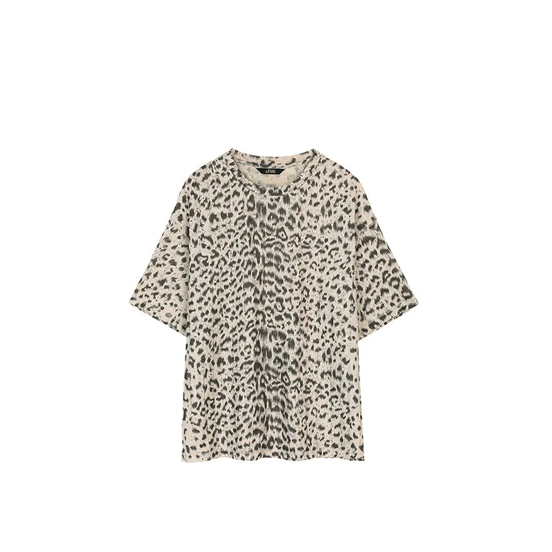 A short-sleeve crewneck top with an all-over leopard print pattern in beige and black, displayed flat against a solid white background.