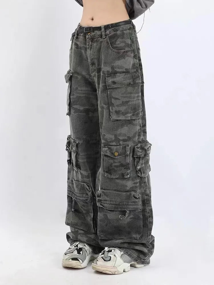 Retro Camouflage Wide Leg Cargo Pants